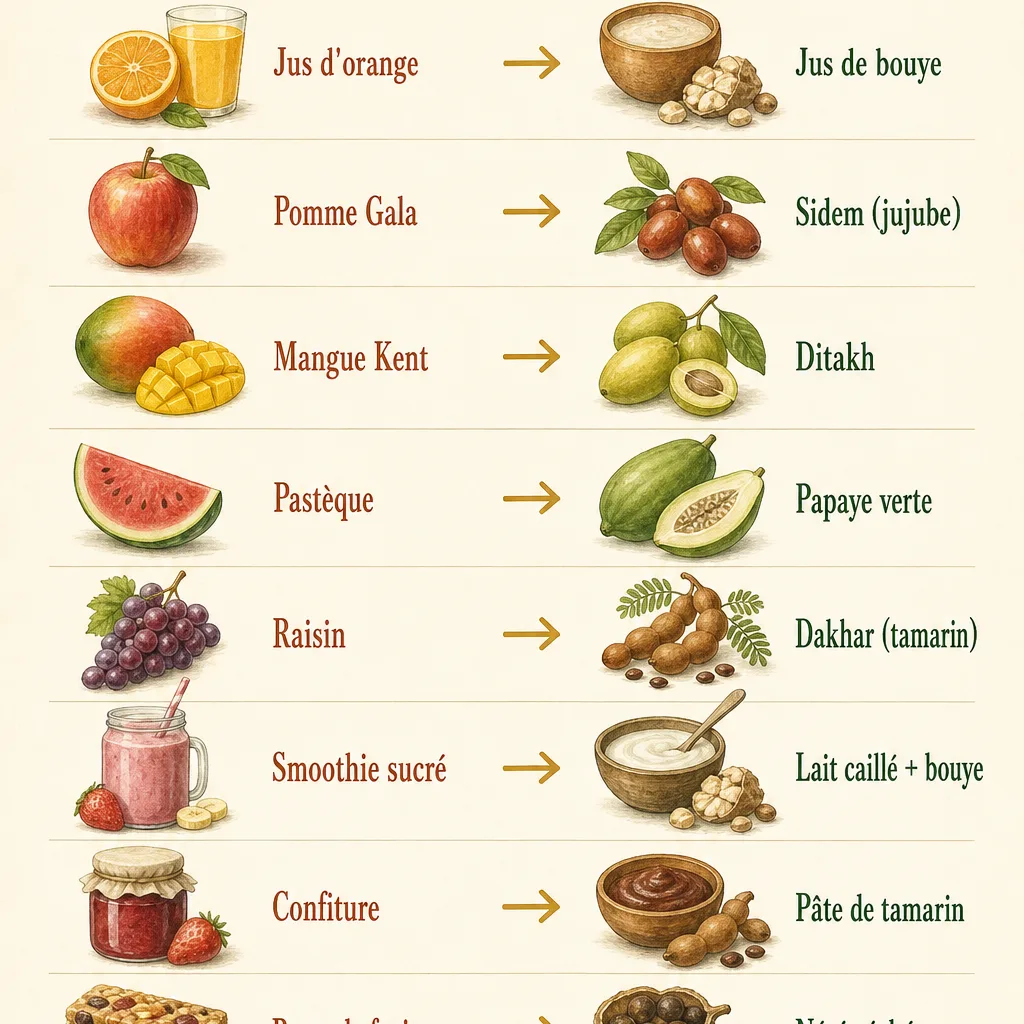 Carte récapitulative de 10 substitutions fruits modernes vers fruits ancestraux pour la perte de poids au Sénégal : bouye, ditakh, sidem, dakhar, papaye verte