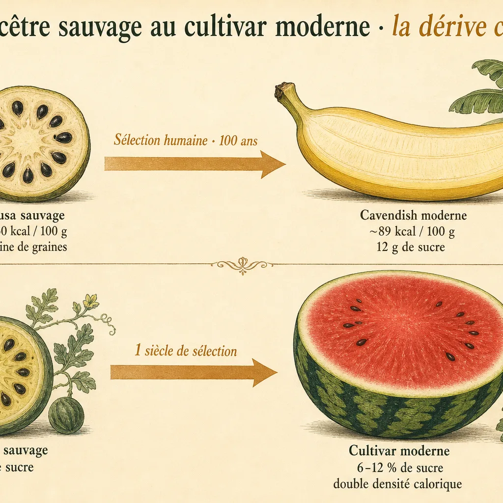 Schéma de la dérive calorique sur 100 ans : banane sauvage, pastèque sauvage du Kalahari et leurs cultivars modernes