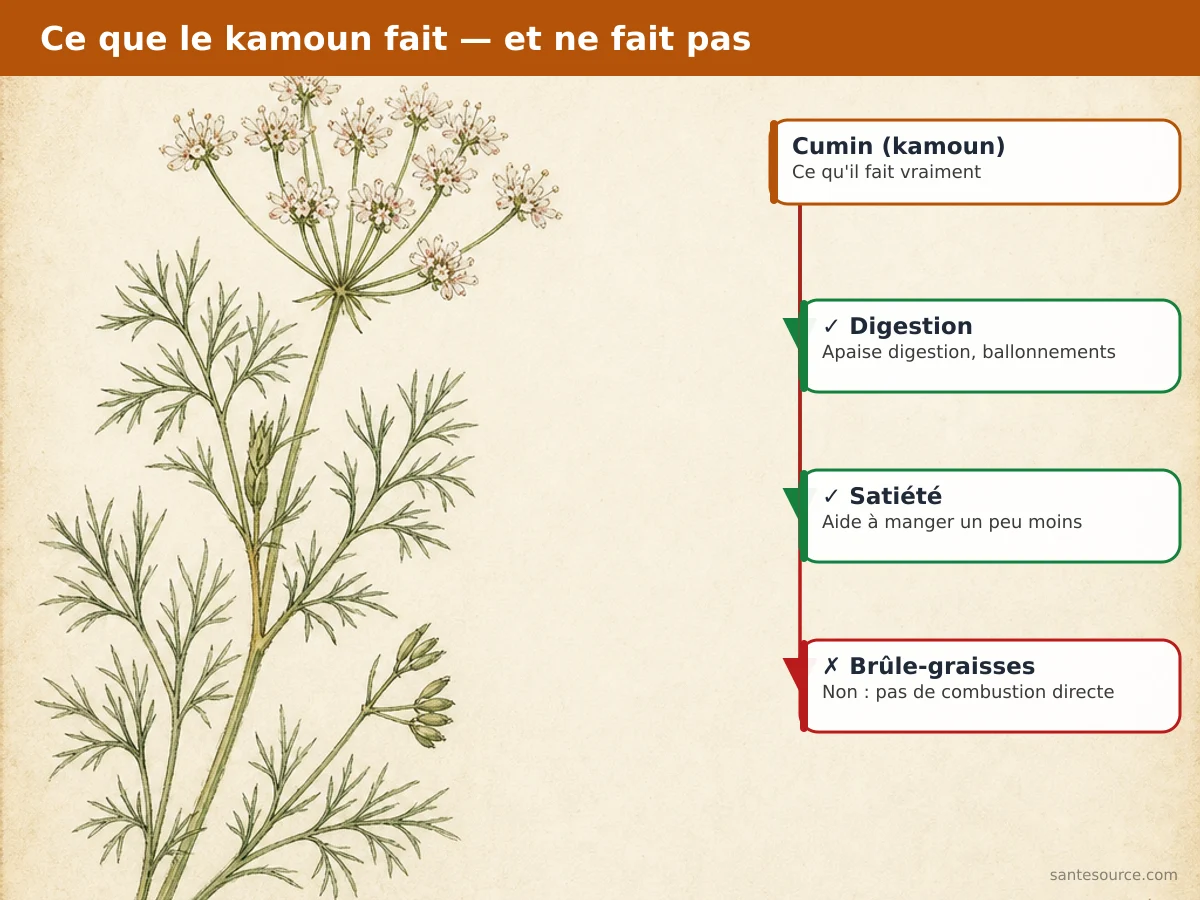 Schéma du mécanisme du cumin kamoun sur la digestion et la satiété, sans combustion des graisses