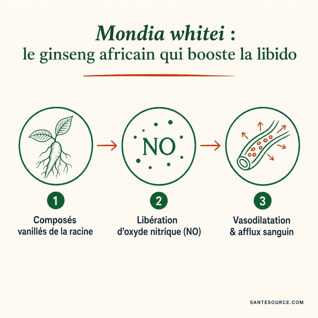 Schéma du mécanisme du mondia whitei sur la libido via la voie de l'oxyde nitrique et l'érection