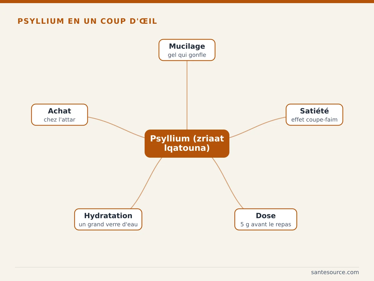 Carte mentale du psyllium (zriaat lqatouna) : mucilage, satiété, dose, hydratation et achat chez l'attar au Maroc