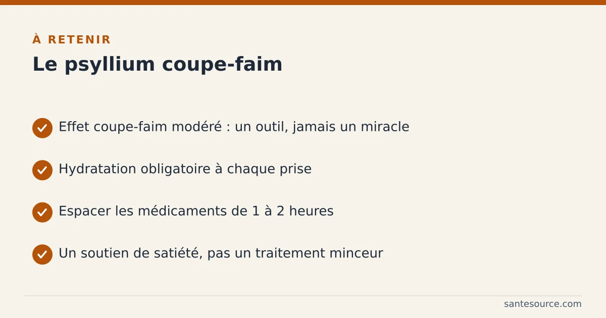 Récapitulatif du psyllium coupe-faim : effet modéré, hydratation obligatoire, espacer les médicaments de 1 à 2 heures