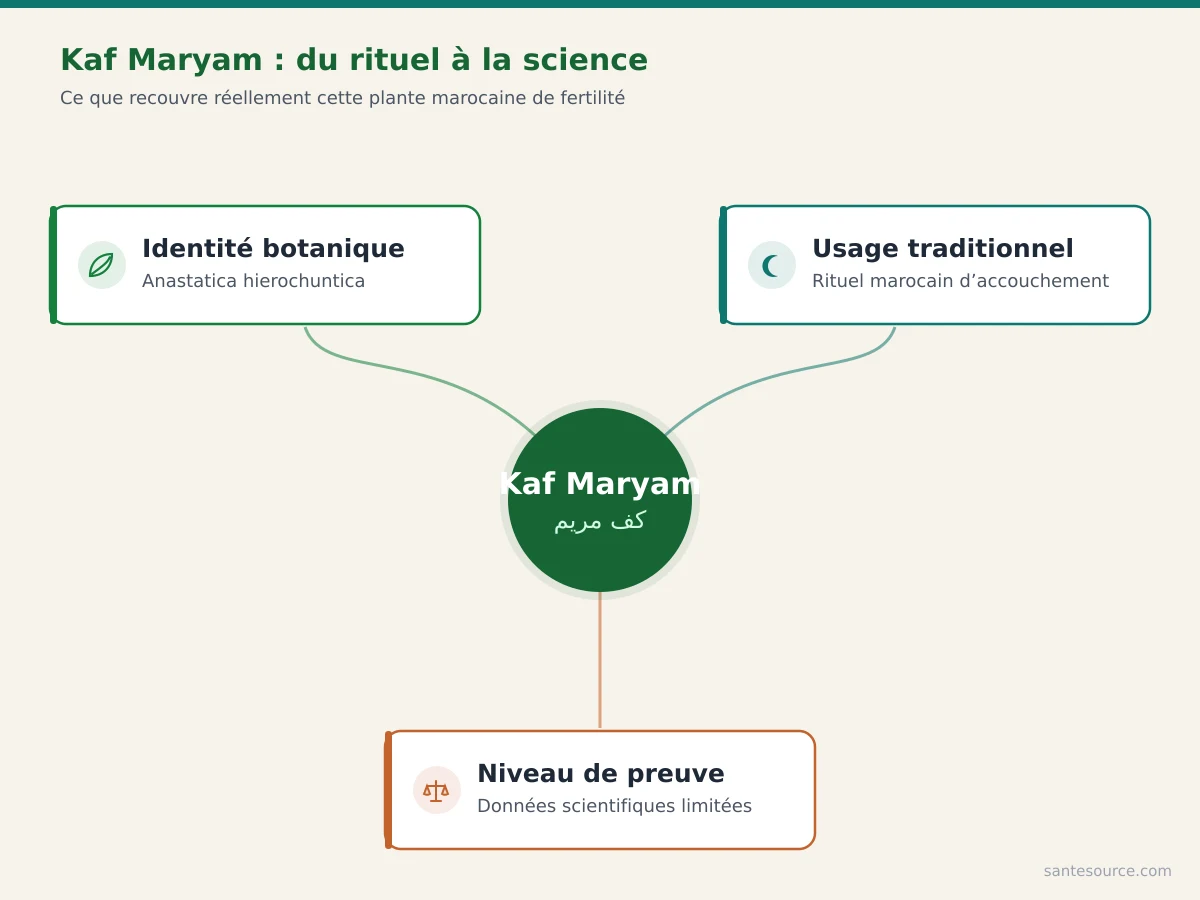 Carte mentale du Kaf Maryam : nom Chajarat Mariam, usage marocain de fertilité et données scientifiques