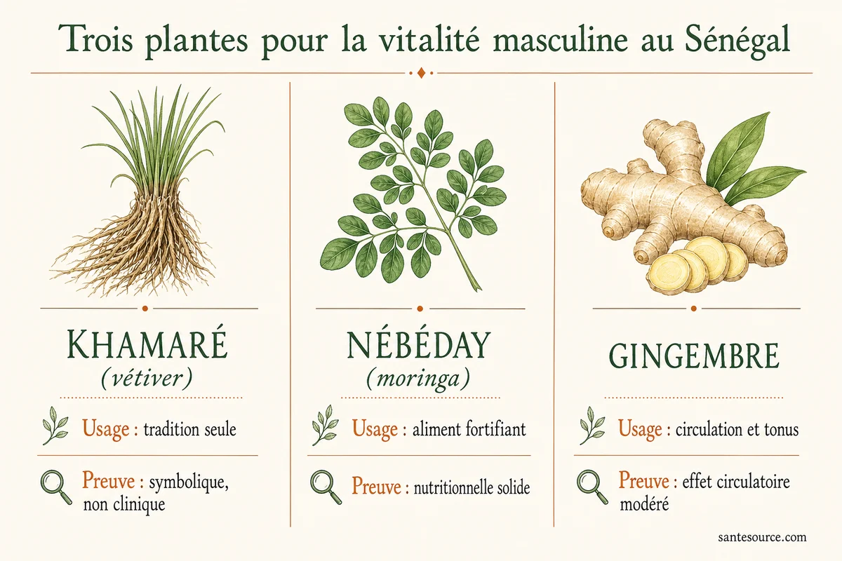 Comparaison khamaré, nébéday et gingembre pour la vitalité masculine au Sénégal