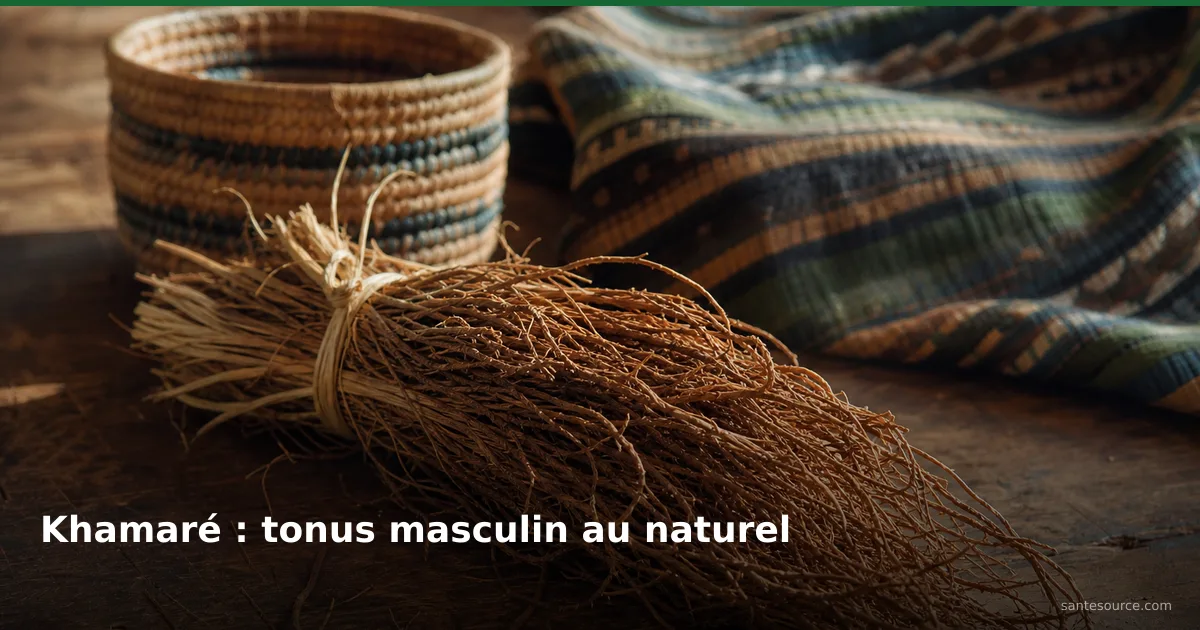 Bouquet de racines de khamaré (vétiver) séché posé sur du bois, tonique masculin traditionnel au Sénégal