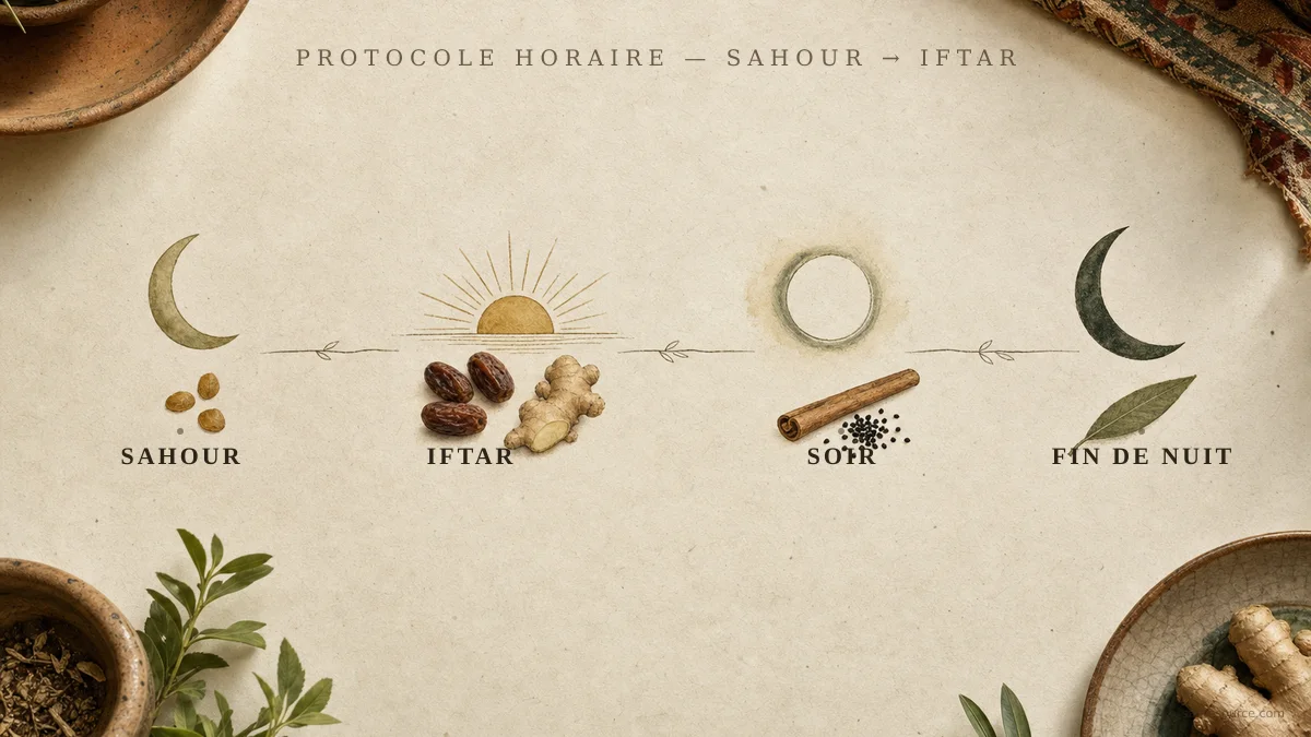 Schéma horaire du protocole sahour-iftar pour diabétique au Ramadan : helba avant aube, dattes et skinjbir à l'iftar, kerfa et nigelle en soirée