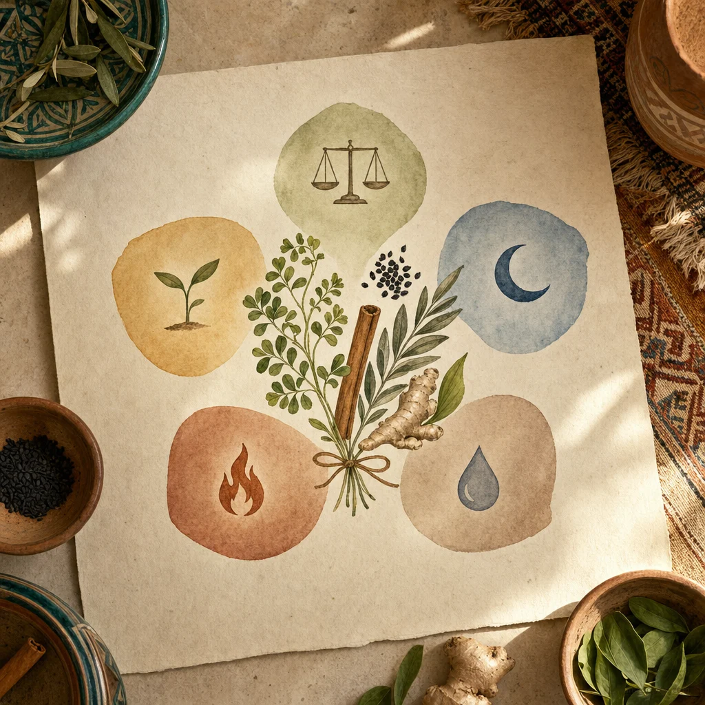 Récapitulatif des 5 plantes médicinales marocaines pour le diabète au Ramadan : helba, habba sawda, kerfa, skinjbir, feuilles d'olivier