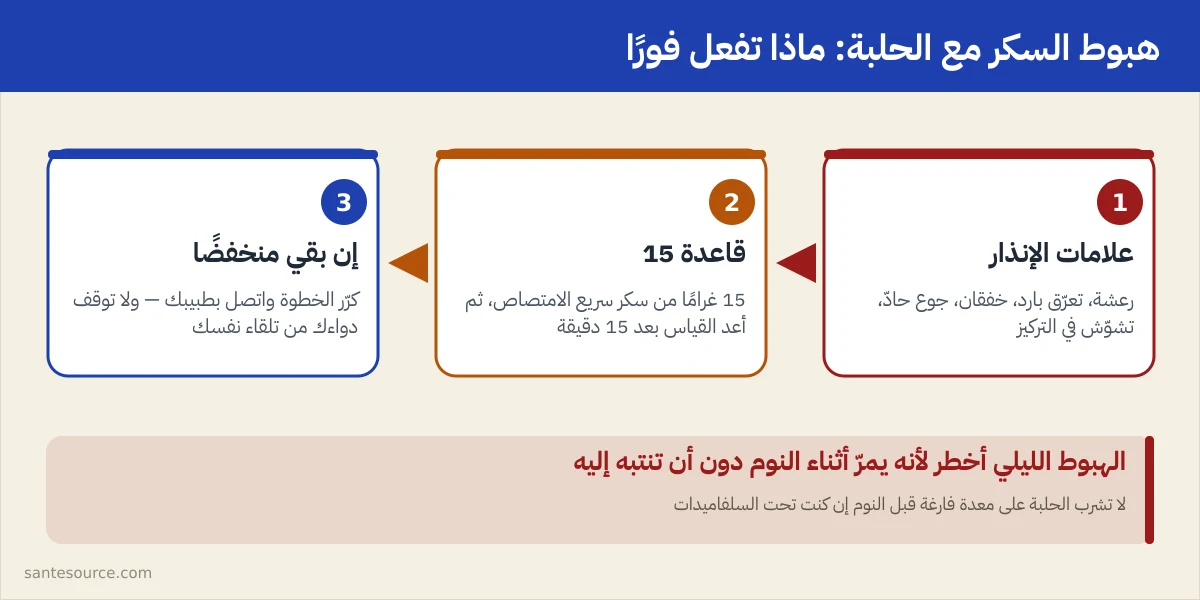 مخطط قرار يوضح علامات هبوط السكر والخطوات الواجب اتخاذها فورا عند استعمال الحلبة