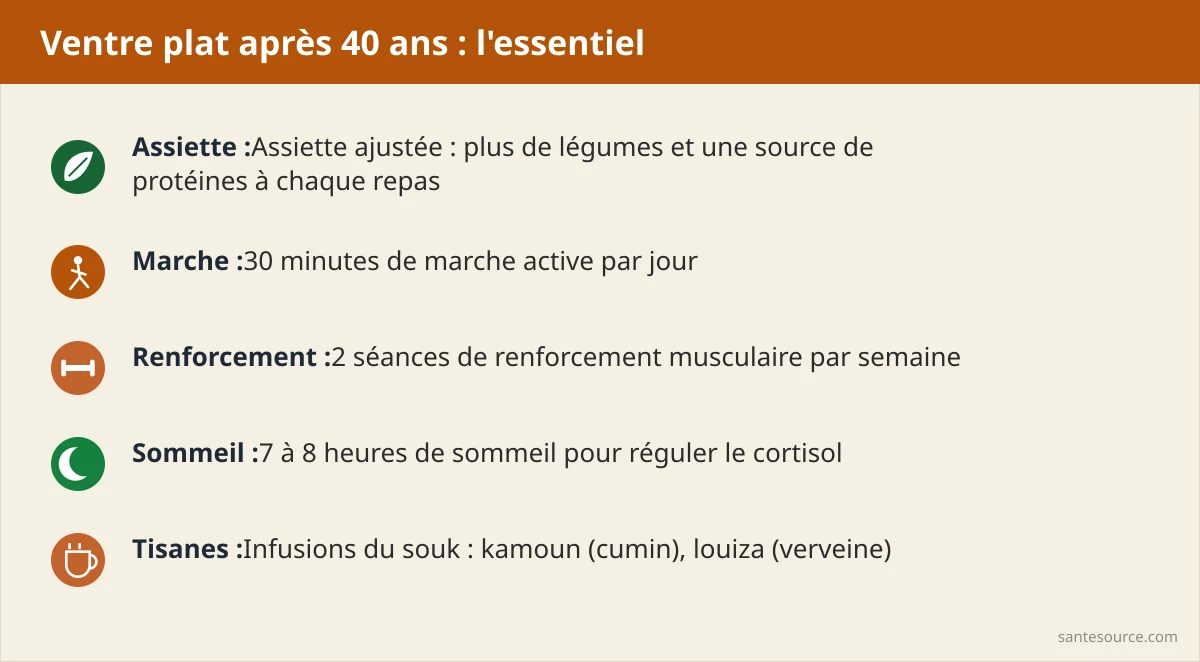 Récapitulatif des gestes ventre plat femme 40 ans : assiette ajustée, marche, renforcement, sommeil, plantes du souk