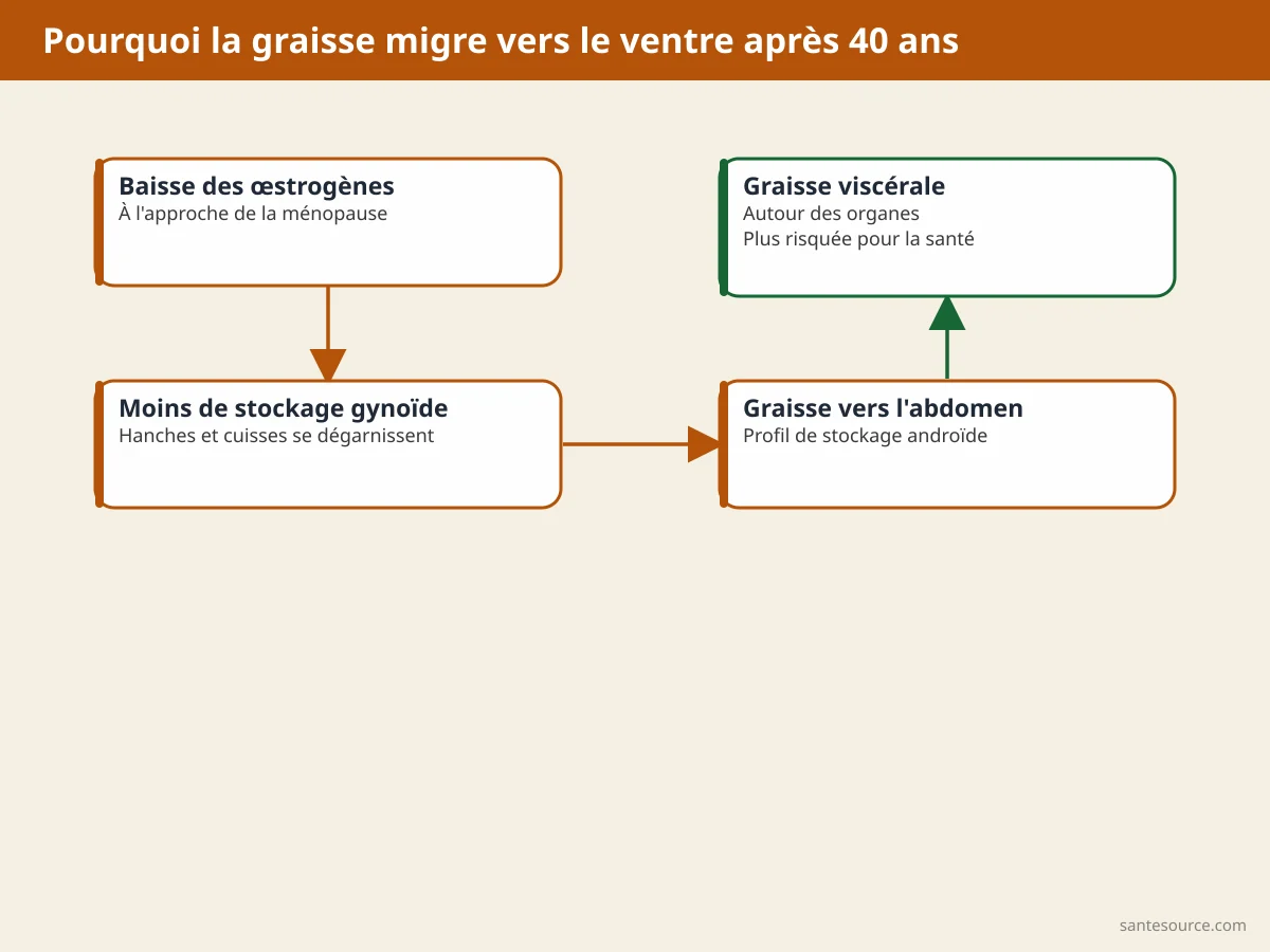 Schéma de la migration de la graisse des hanches vers l'abdomen après 40 ans chez la femme
