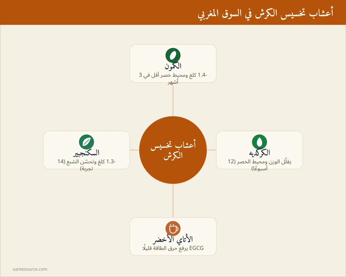 خريطة ذهنية لأربع أعشاب تخسيس الكرش بالمغرب: الكمون والكركديه والأتاي الأخضر والسكنجبير
