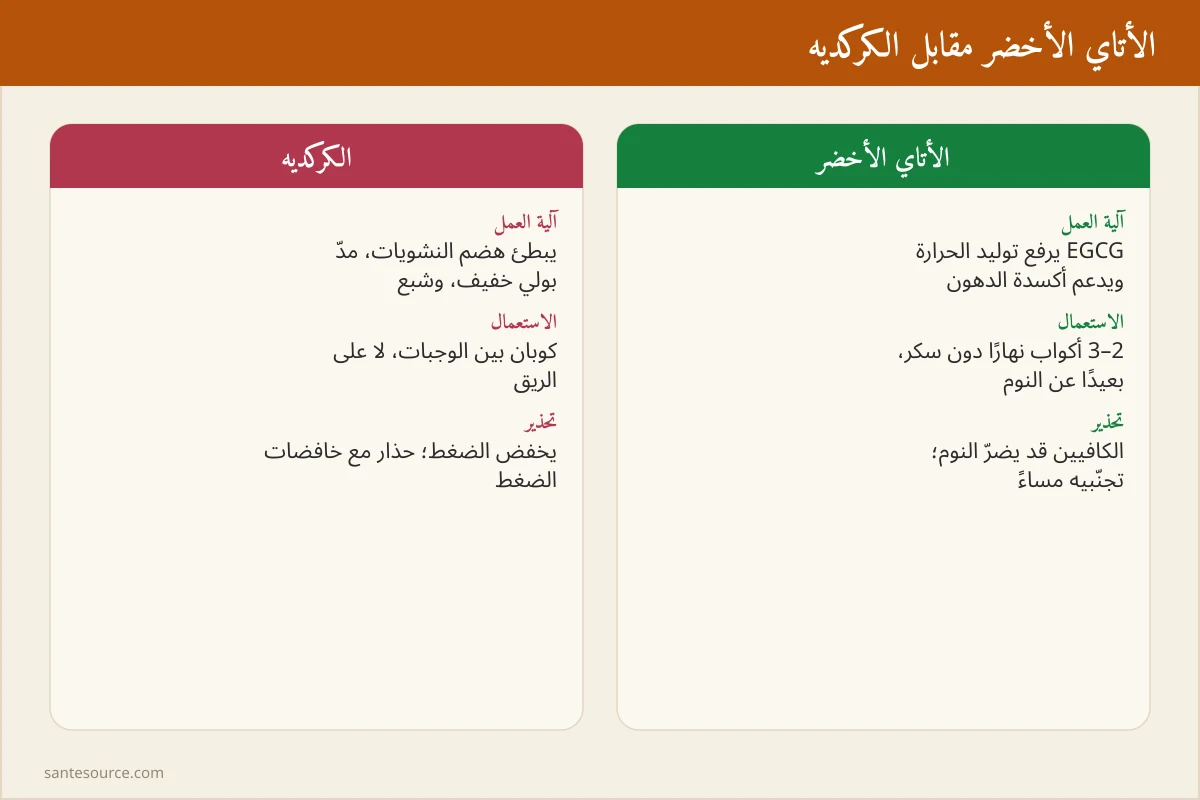بطاقة مقارنة بين الأتاي الأخضر والكركديه من حيث آلية العمل والتحذيرات
