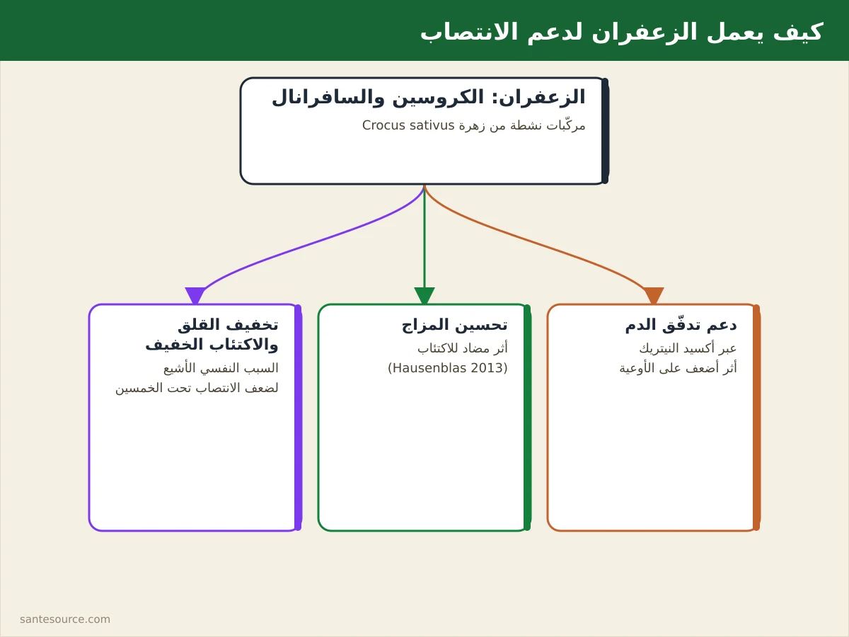 خريطة ذهنية توضّح كيف يؤثّر الكروسين والسافرانال في الزعفران على المزاج والقلق وتدفّق الدم لدعم الانتصاب