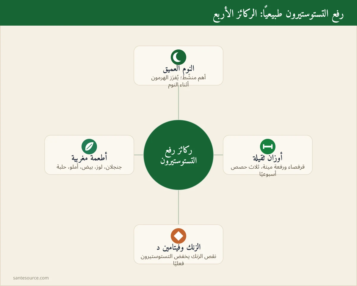 خريطة ذهنية لرفع التستوستيرون طبيعيًا: النوم والأوزان والزنك وفيتامين د والأطعمة المغربية