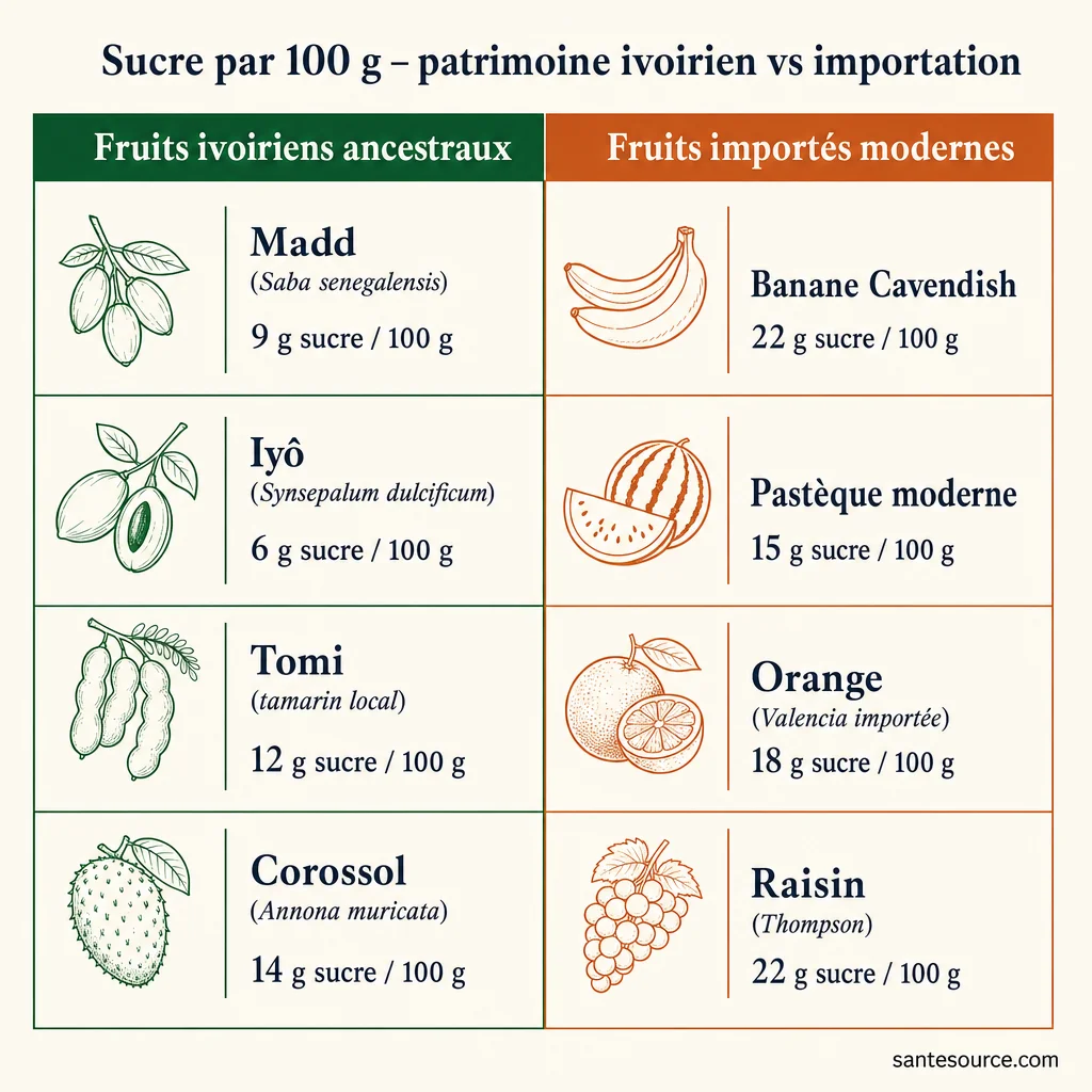 Tableau comparatif du sucre par 100 g entre fruits ivoiriens ancestraux (madd, iyô, tomi) et fruits importés sélectionnés (banane Cavendish, pastèque moderne, orange)