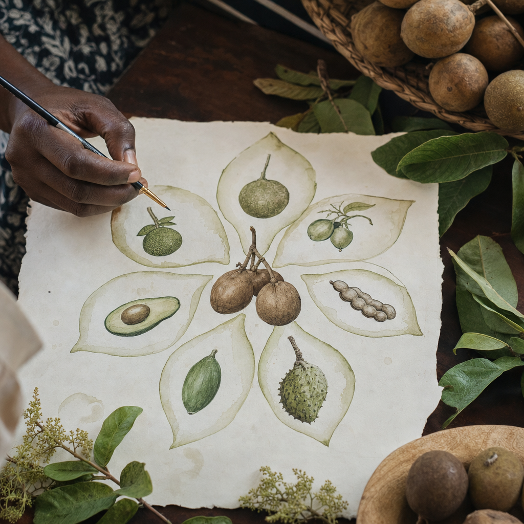 Carte récapitulative des fruits ivoiriens à index glycémique bas : madd, mombin, tamarin, corossol, papaye verte, avocat local, arbre à pain