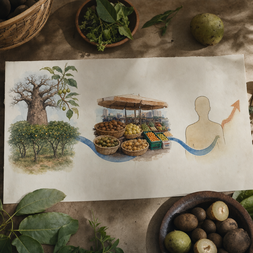 Schéma de la transition alimentaire ivoirienne : forêt et savane vers marché urbain d'Abidjan vers impact glycémique du diabétique