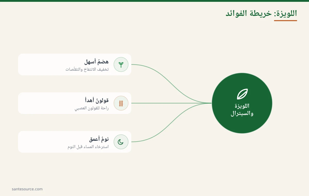 خريطة ذهنية تلخّص فوائد اللويزة للهضم والقولون العصبي والنوم عبر مركّب السيترال