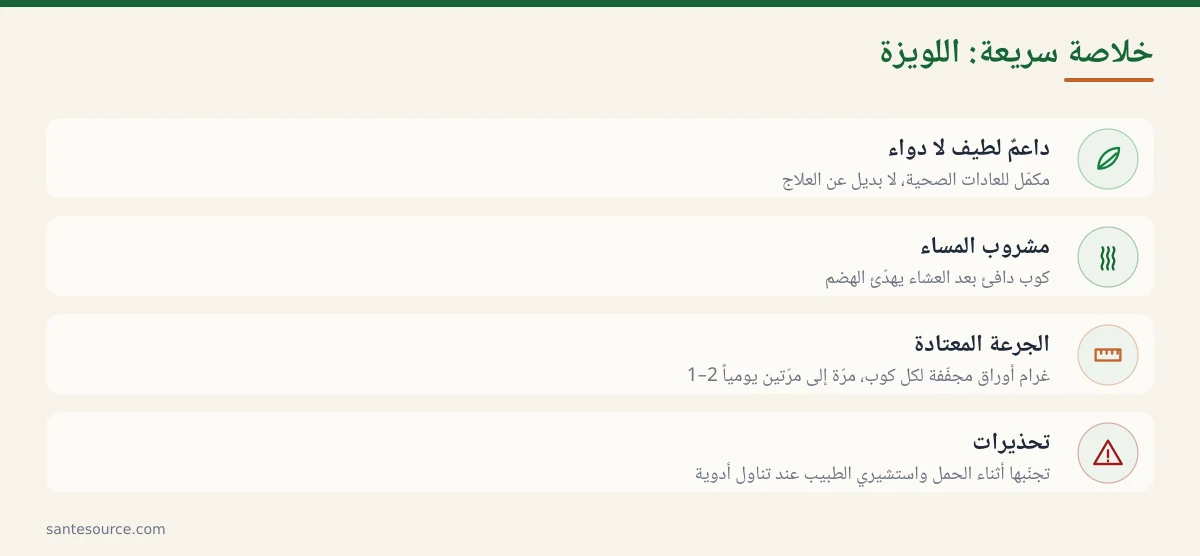 ملخّص سريع: اللويزة داعمٌ لطيف للمساء لا دواء، مع الجرعة والتحذيرات