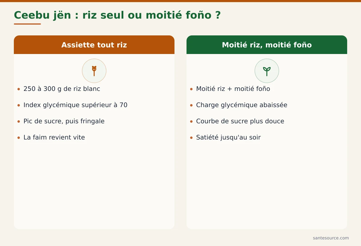 Deux assiettes de ceebu jën côte à côte : l'une tout riz blanc, l'autre moitié riz moitié foño avec la même sauce et le même poisson