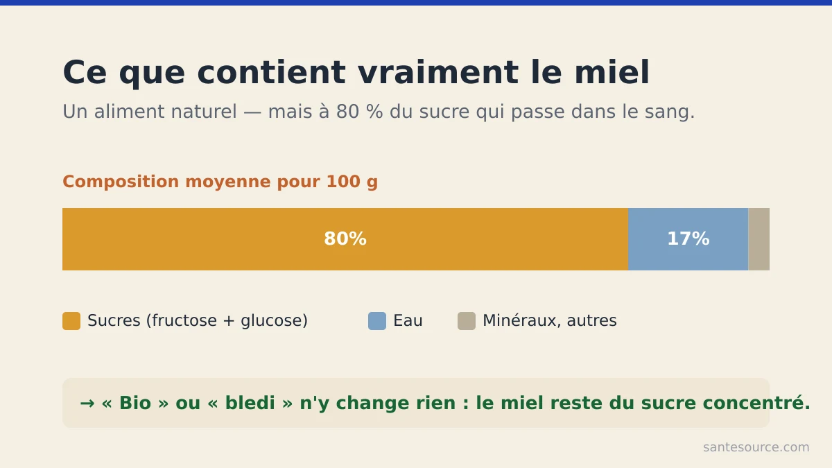 Schéma de la composition du miel : environ 80 pourcent de sucres simples, fructose et glucose