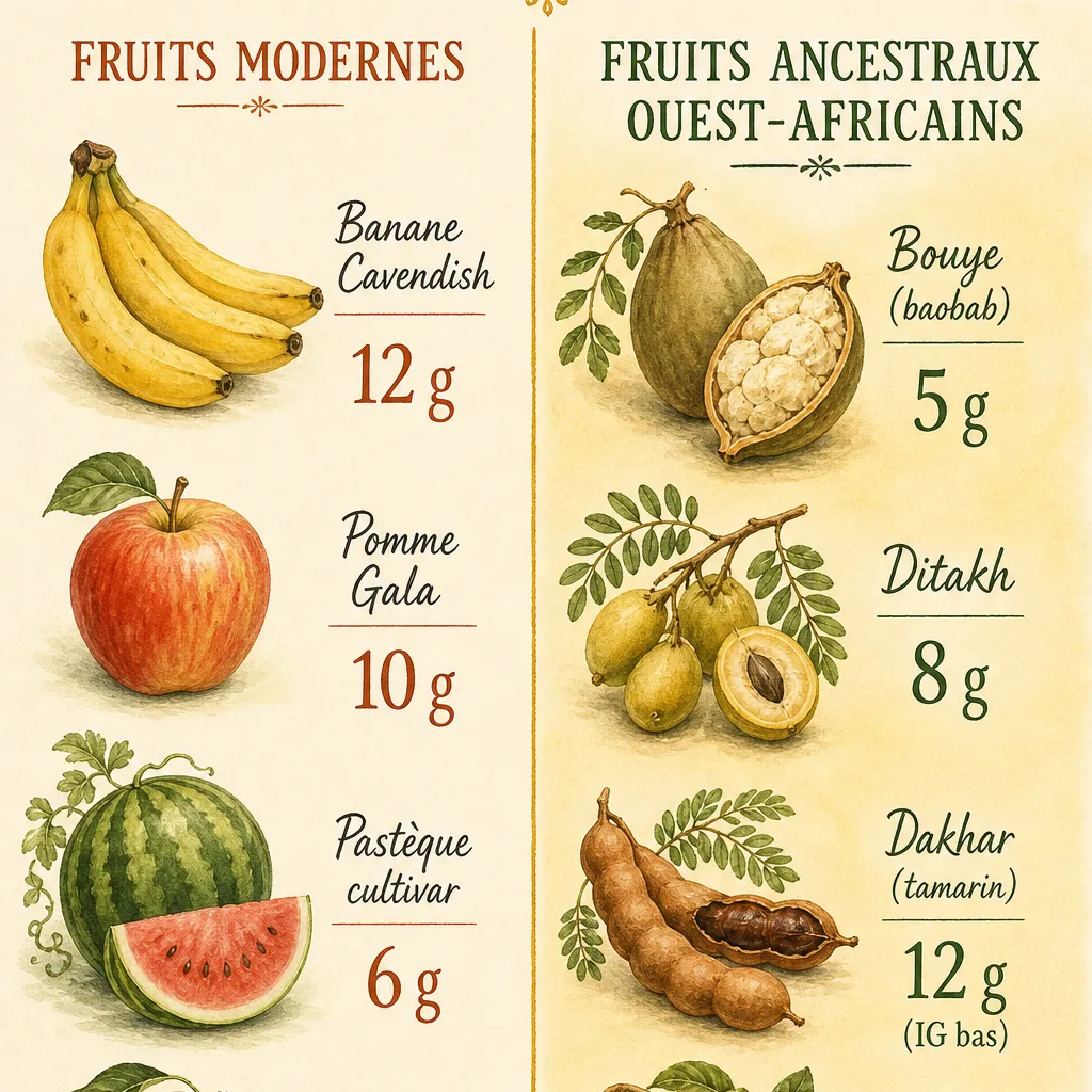 Tableau comparatif côte-à-côte du pourcentage de sucre dans les fruits modernes (banane, pomme, pastèque) versus les fruits ancestraux sénégalais (bouye, ditakh, dakhar)