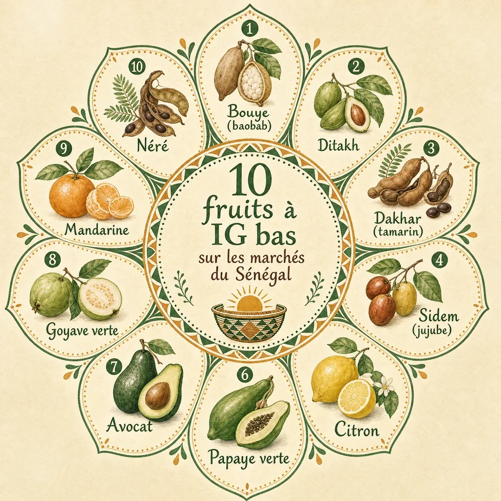 Carte récapitulative des 10 fruits à index glycémique bas disponibles au Sénégal : bouye, ditakh, dakhar, sidem, citron, papaye verte, avocat, goyave verte, mandarine, néré