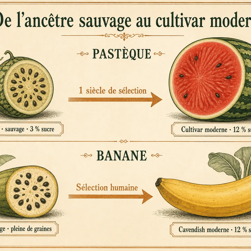 Chronologie de la dérive sucrière des fruits cultivés : ancêtre sauvage vers cultivar moderne pour banane et pastèque