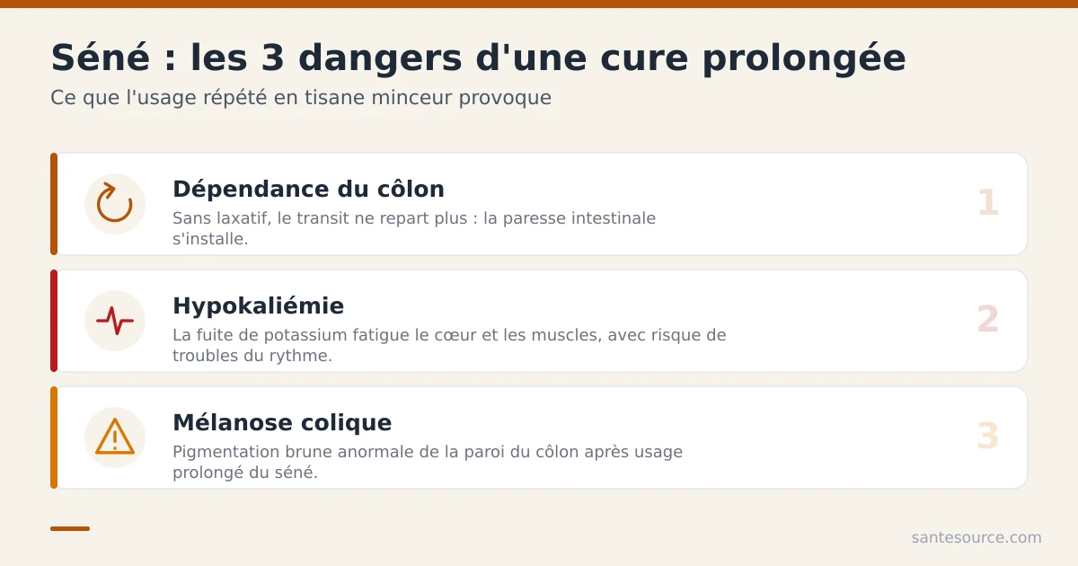 Récapitulatif des risques du séné en cure prolongée : dépendance, hypokaliémie, mélanose colique