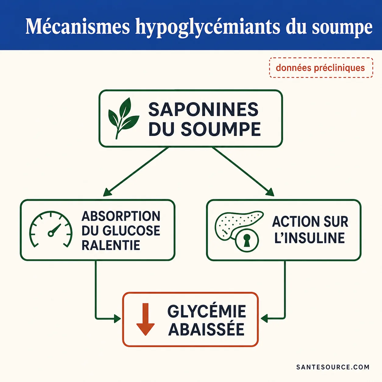 Schéma des mécanismes hypoglycémiants supposés du soumpe : ralentissement de l'absorption du glucose et action sur l'insuline