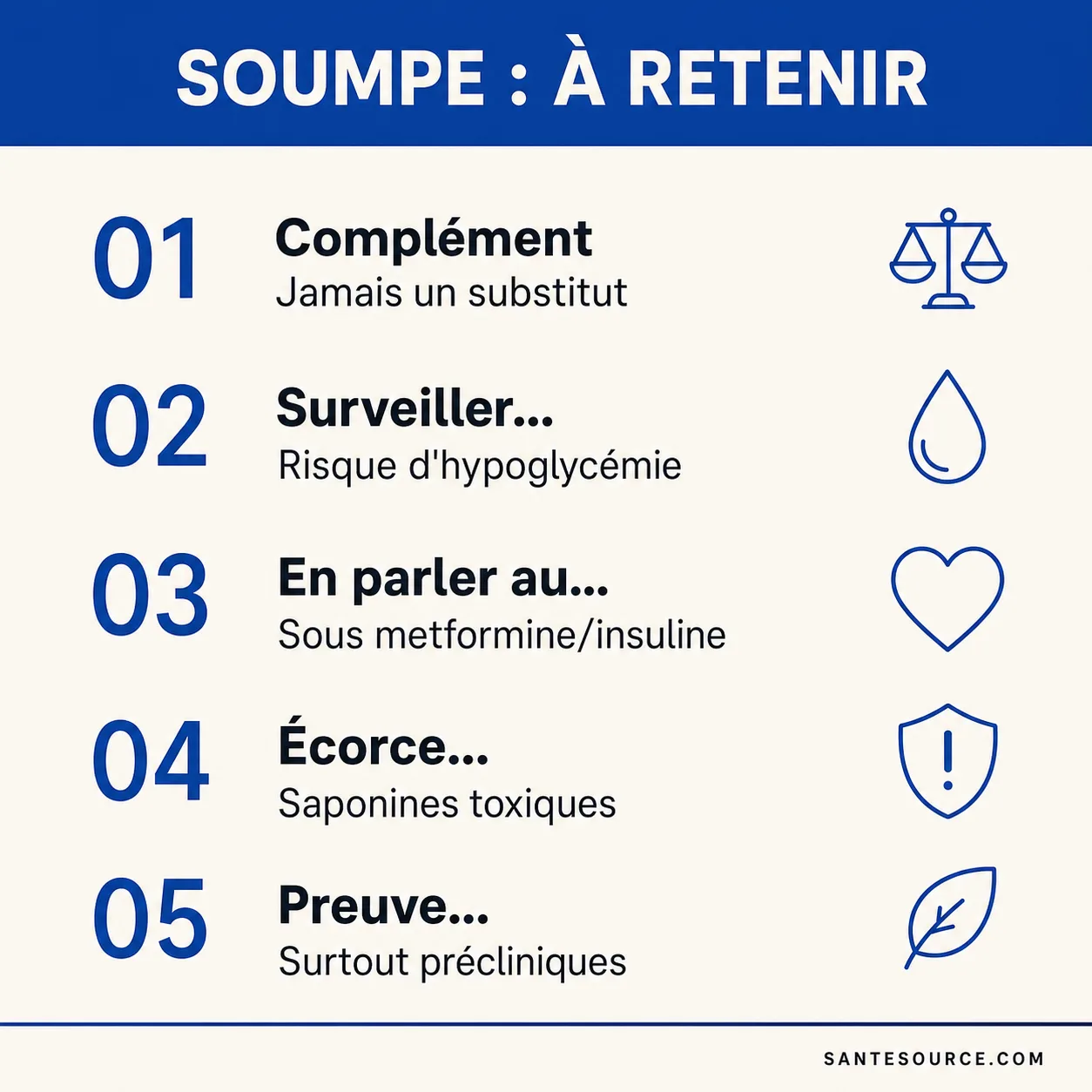 Récapitulatif : le soumpe comme complément possible et non substitut au traitement antidiabétique, avec règles de sécurité