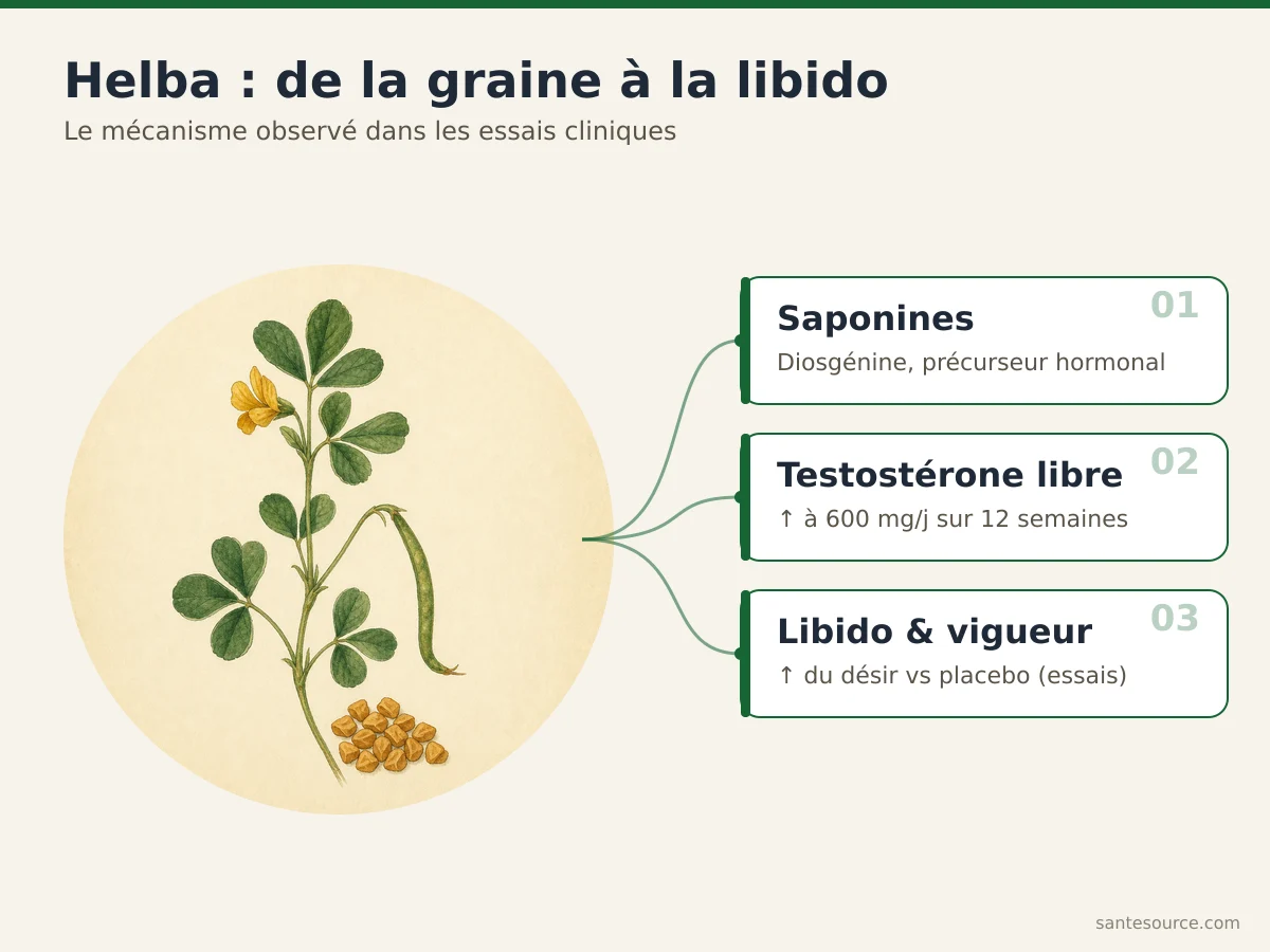 Carte mentale reliant les saponines stéroïdiennes de la helba à la testostérone libre et à la libido chez l'homme