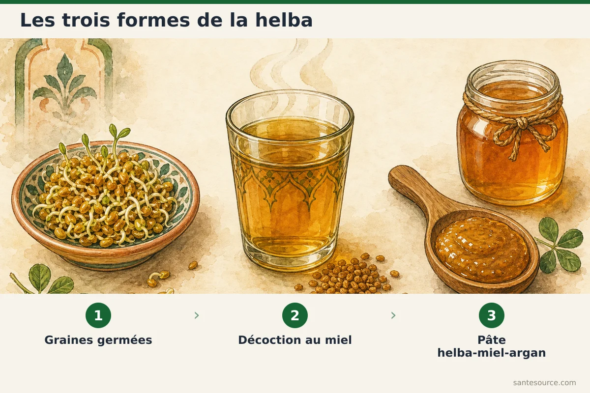 Étapes de préparation des graines de fenugrec helba germées et de la décoction au miel pour la vitalité masculine