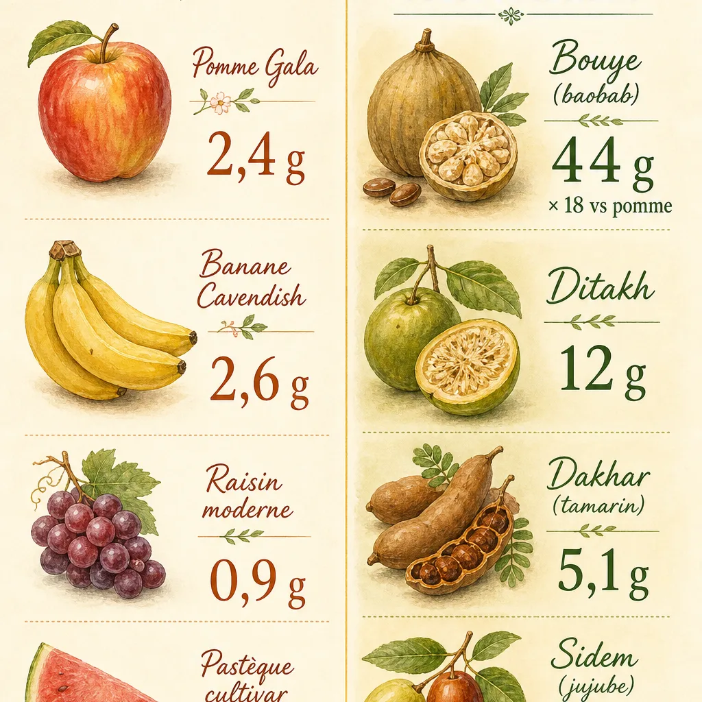 Comparaison des teneurs en fibres pour 100 g entre fruits ancestraux sénégalais et fruits modernes importés