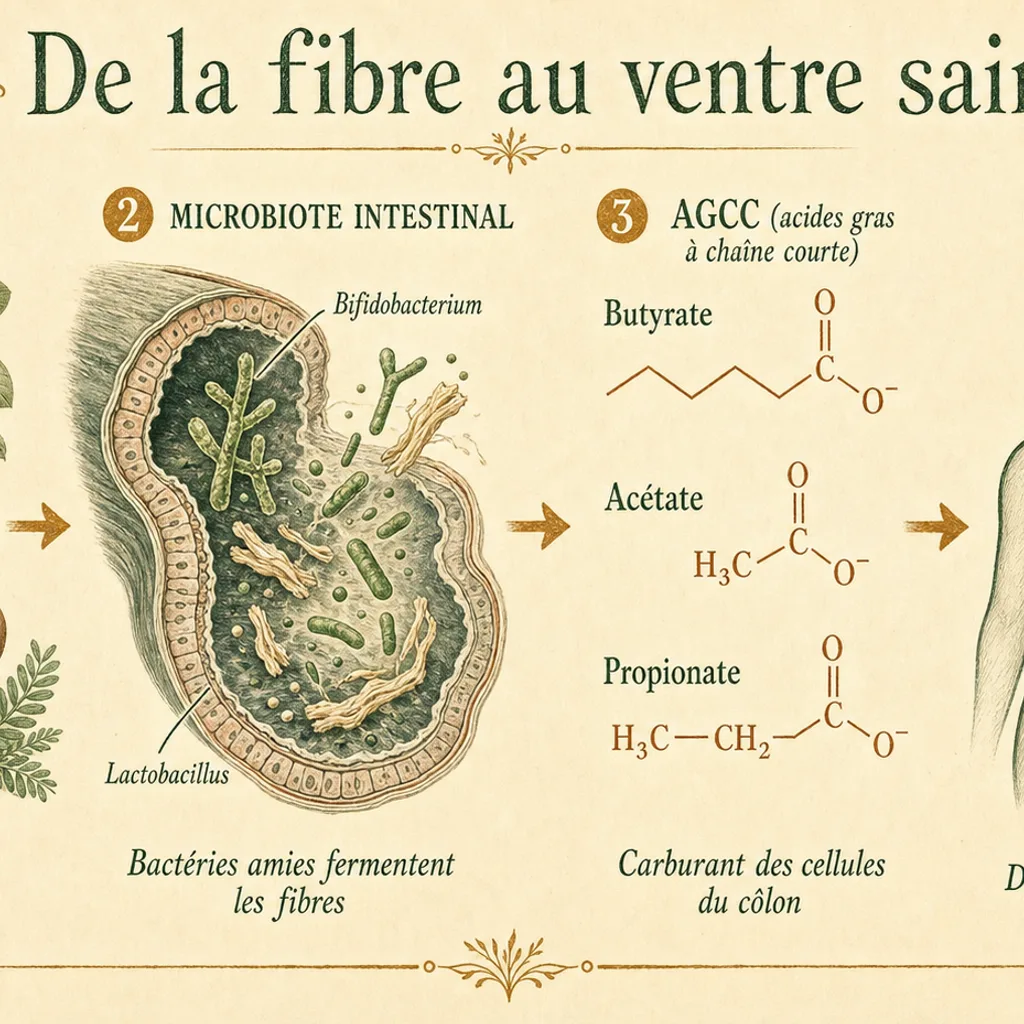 Schéma fibre alimentaire vers microbiote intestinal vers acides gras à chaîne courte et santé du ventre