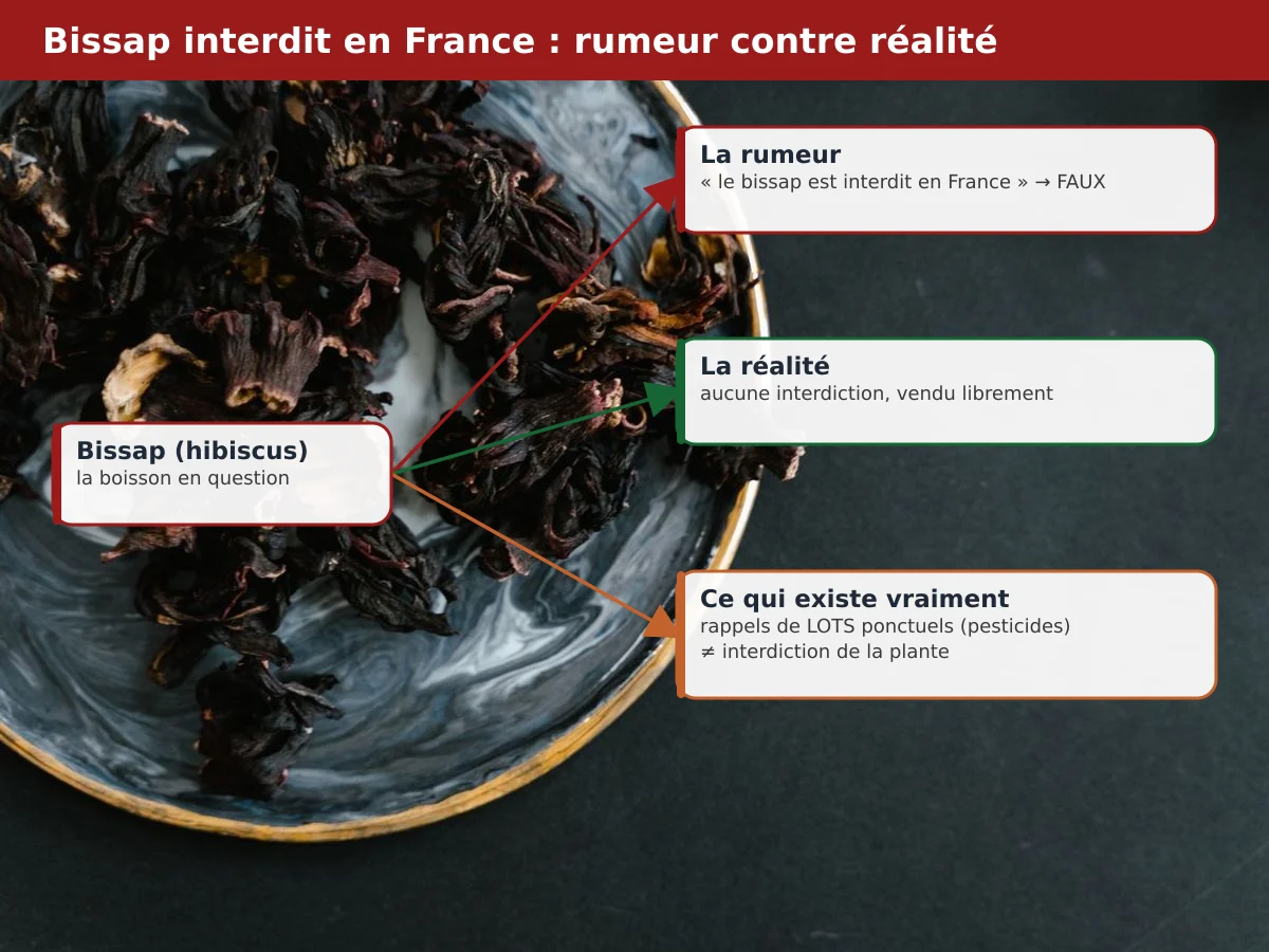 Carte mentale distinguant la rumeur d'interdiction du bissap des faits réels sur l'hibiscus en France