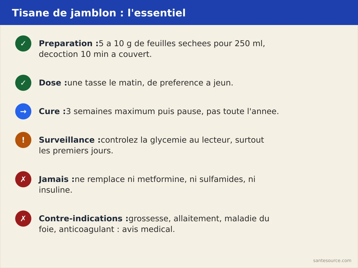 Récapitulatif de la préparation, la dose et les précautions de la tisane de feuilles de jamblon