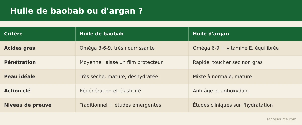 Comparaison côte à côte de l'huile de baobab et de l'huile d'argan pour le visage
