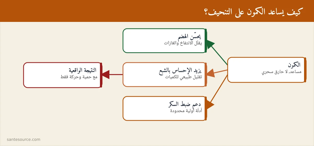 خريطة ذهنية تلخّص كيف يدعم الكمون التنحيف عبر الهضم والشبع لا بحرق الدهون