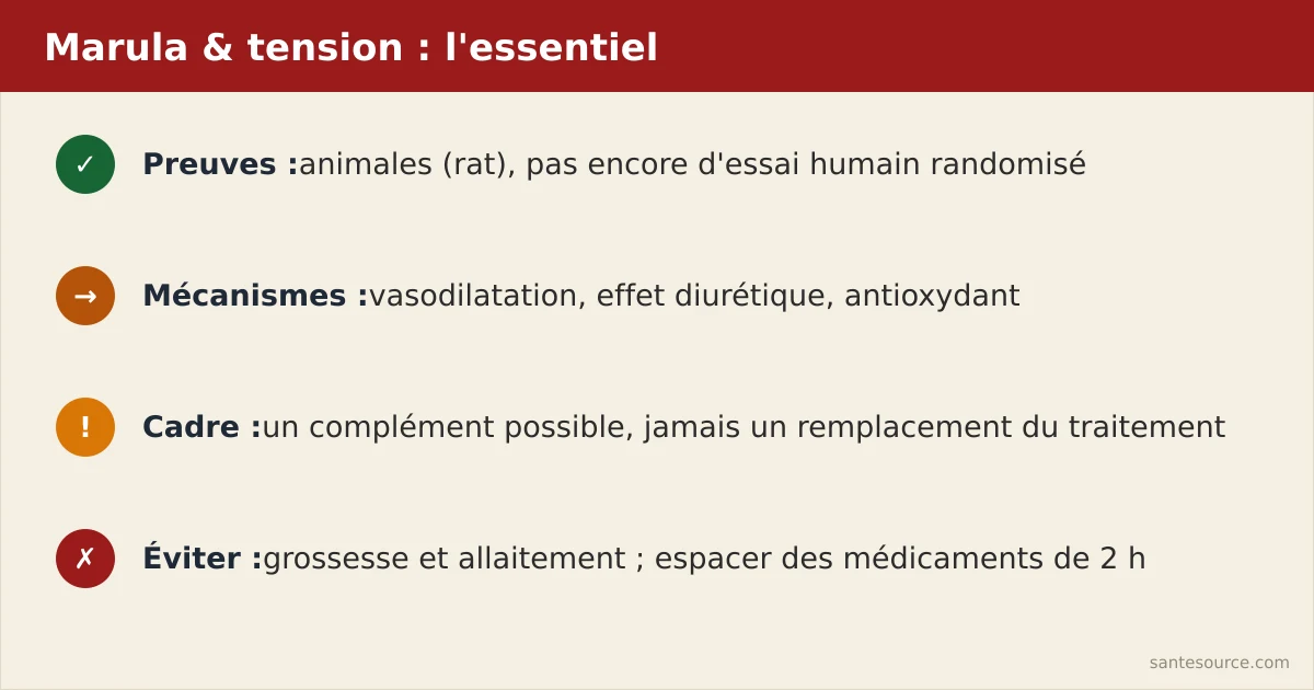 Récapitulatif marula et hypertension : preuves animales, complément jamais remplacement, précautions médicaments et grossesse