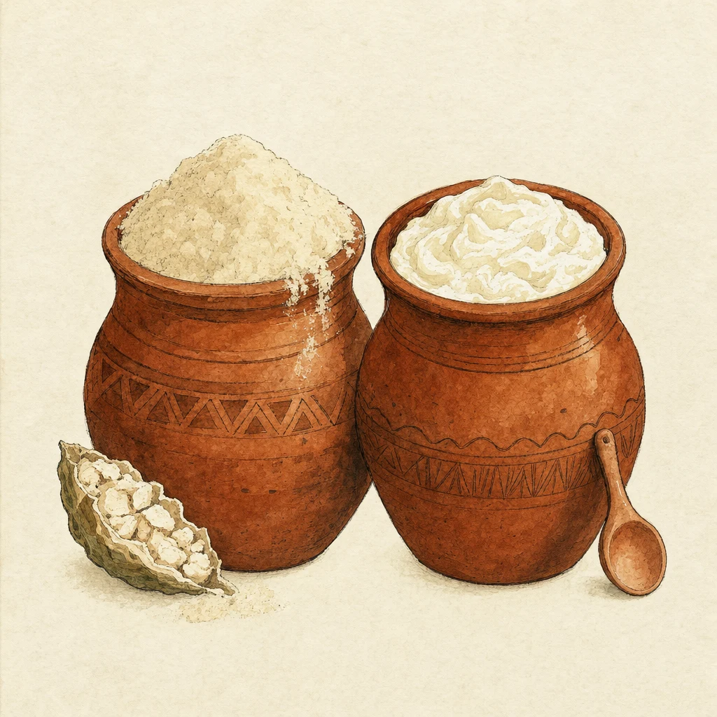 Carte comparative : prébiotique baobab (10-20 g de poudre, pectine 22-27%) versus probiotique lait caillé Peulh (10⁸ UFC/g de Lactobacillus plantarum)