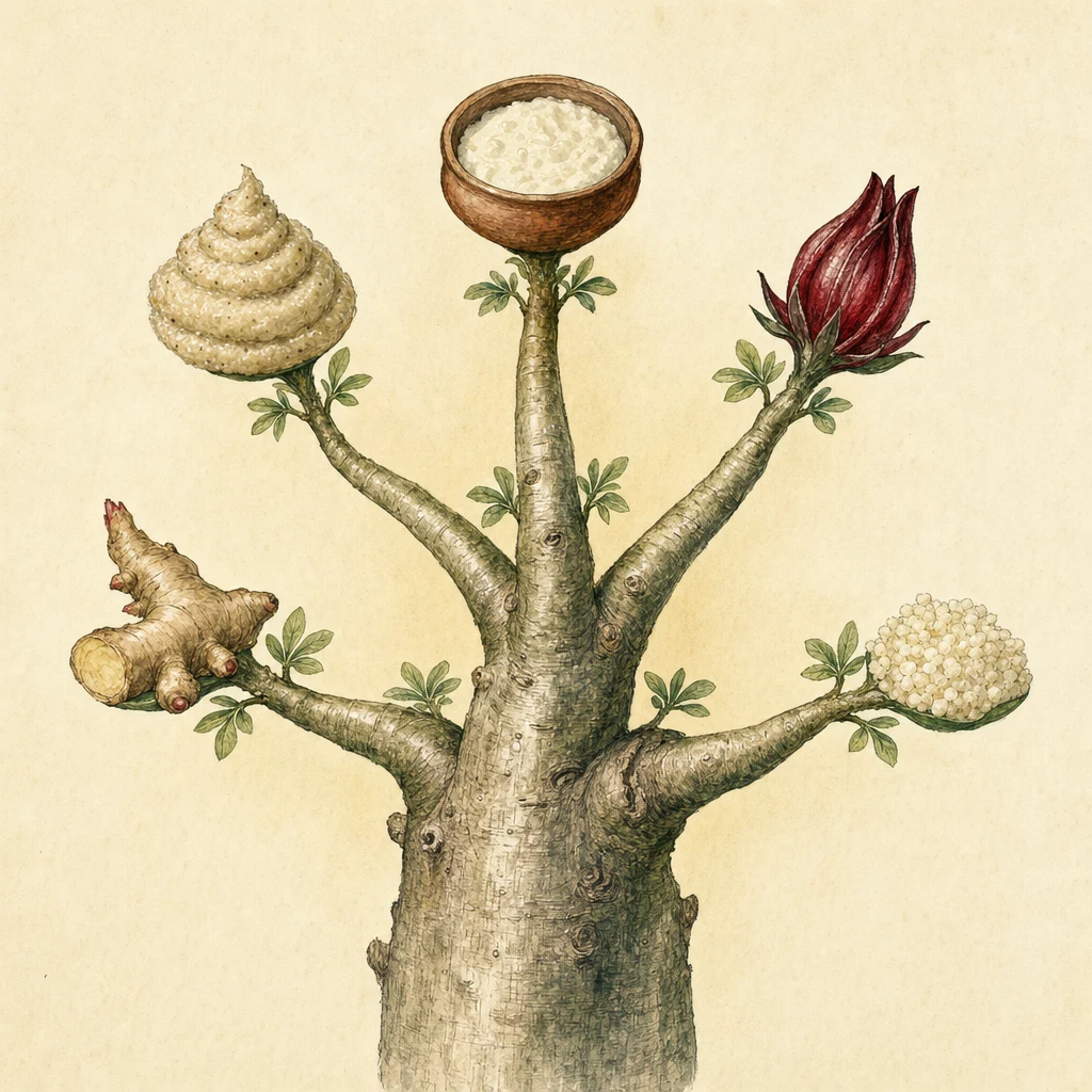 Carte mentale des cinq familles d'aliments fermentés africains autour du baobab prébiotique : lait caillé Peulh, dèguè, bissap fermenté, gnamakoudji, attiéké