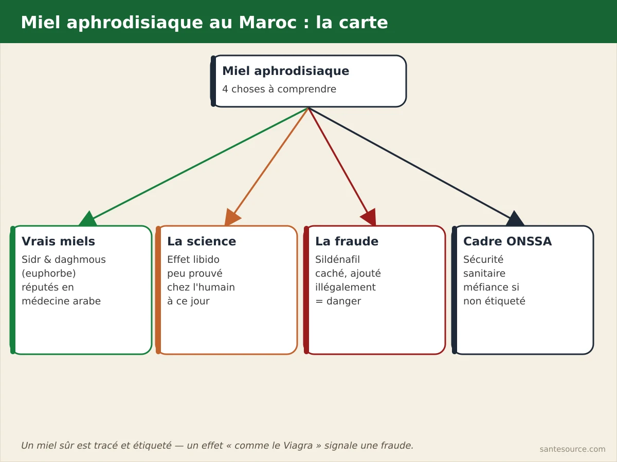Carte mentale du miel aphrodisiaque au Maroc : miels de sidr et daghmous, science, fraude au sildénafil et cadre ONSSA