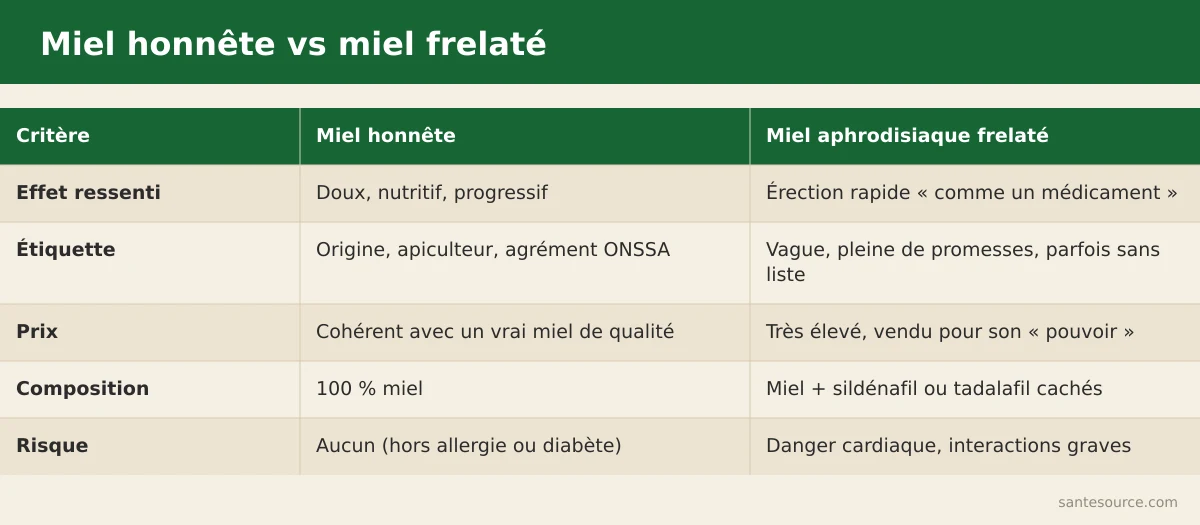 Comparaison côte à côte entre un miel naturel honnête et un miel aphrodisiaque frelaté au sildénafil