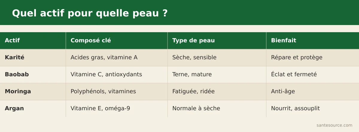 Comparaison côte à côte du karité, du baobab, du moringa et de l'argan par composé actif et type de peau