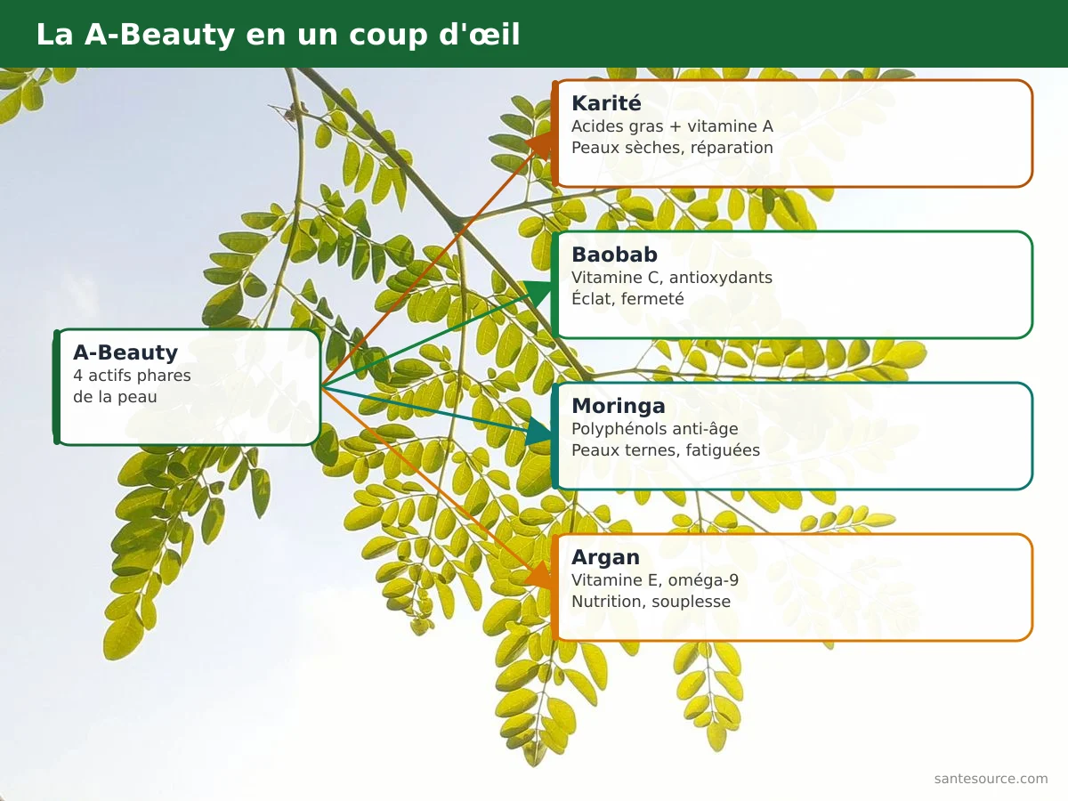 Carte mentale de la A-Beauty reliant karité, baobab, moringa et argan à leurs actifs et types de peau