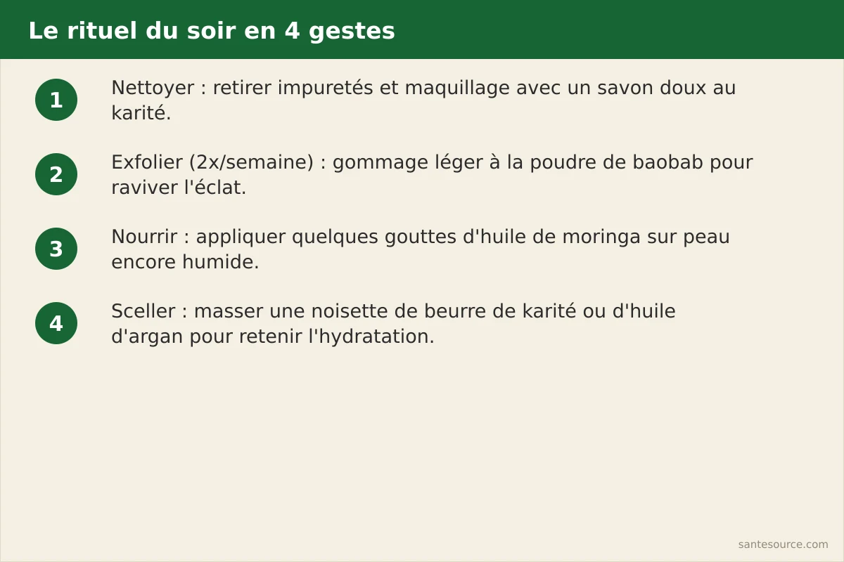 Illustration des quatre étapes du rituel de beauté africain du soir : nettoyer, exfolier, nourrir, sceller