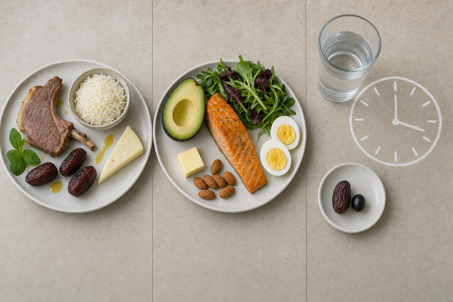 Triptyque comparant côte à côte les assiettes du régime Tayibat, du régime keto et du jeûne intermittent 16/8