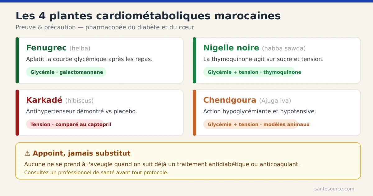 Récapitulatif des quatre plantes cardiométaboliques marocaines : helba, habba sawda, karkadé, chendgoura avec preuve et précaution