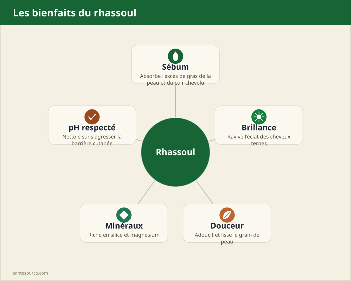 Carte mentale des bienfaits du rhassoul : adsorption du sébum, brillance, douceur du pH